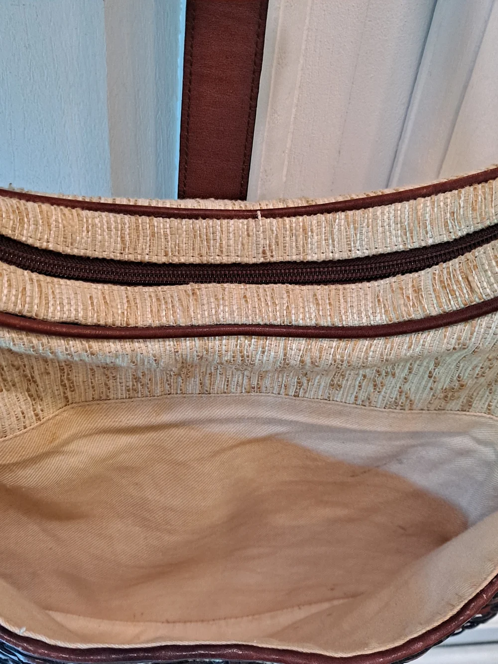 Etienne Aigner Vintage Cream Cotton Jute Brown Woven Leather Hobo Shoulder Bag